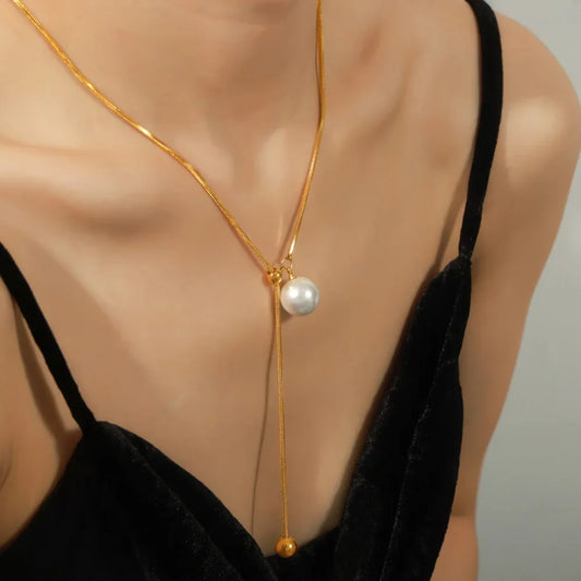Minimalist Simulated Pearl Necklace Titanium Steel Adjustable Long Chain Necklace Female Party Wedding Dress Jewelry Girls Gifts