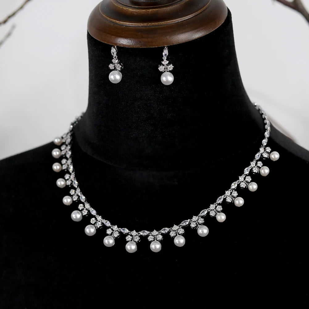 Gorgeous Cubic Zirconia Stone Pearl Choker Necklace Earring Jewelry Set for Women Bridal Satin Wedding Dress Accessories