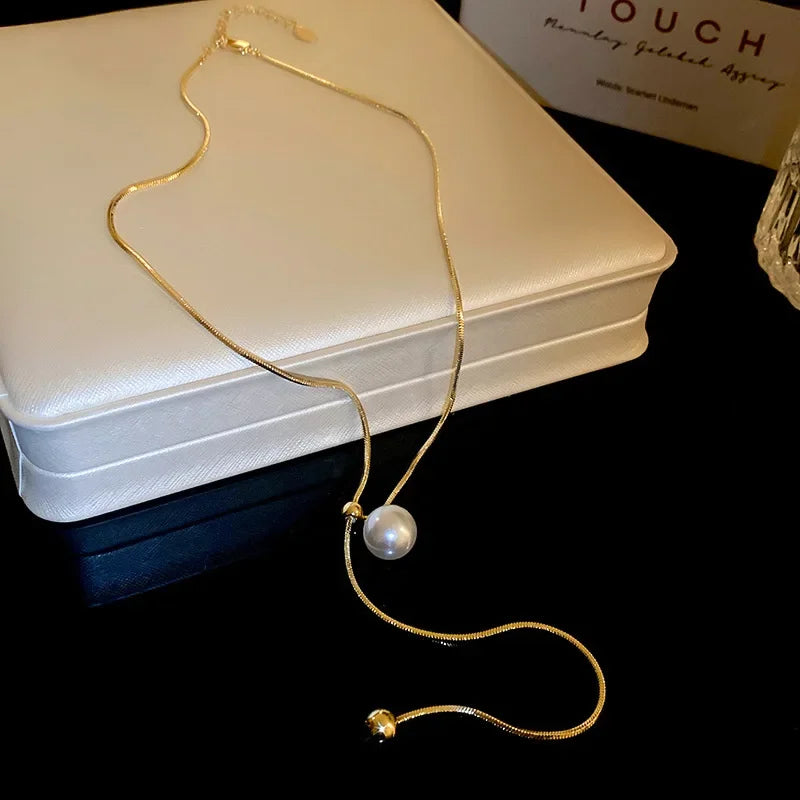 Minimalist Simulated Pearl Necklace Titanium Steel Adjustable Long Chain Necklace Female Party Wedding Dress Jewelry Girls Gifts