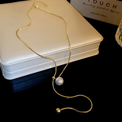 Minimalist Simulated Pearl Necklace Titanium Steel Adjustable Long Chain Necklace Female Party Wedding Dress Jewelry Girls Gifts
