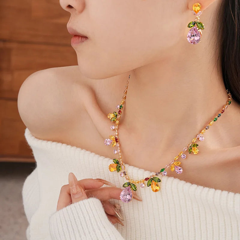 Colorful Zircon Flowers Water Drop Earrings Pendant Necklace Women's Charm Elegant Fashion Jewelry Set Accessories Party Dress