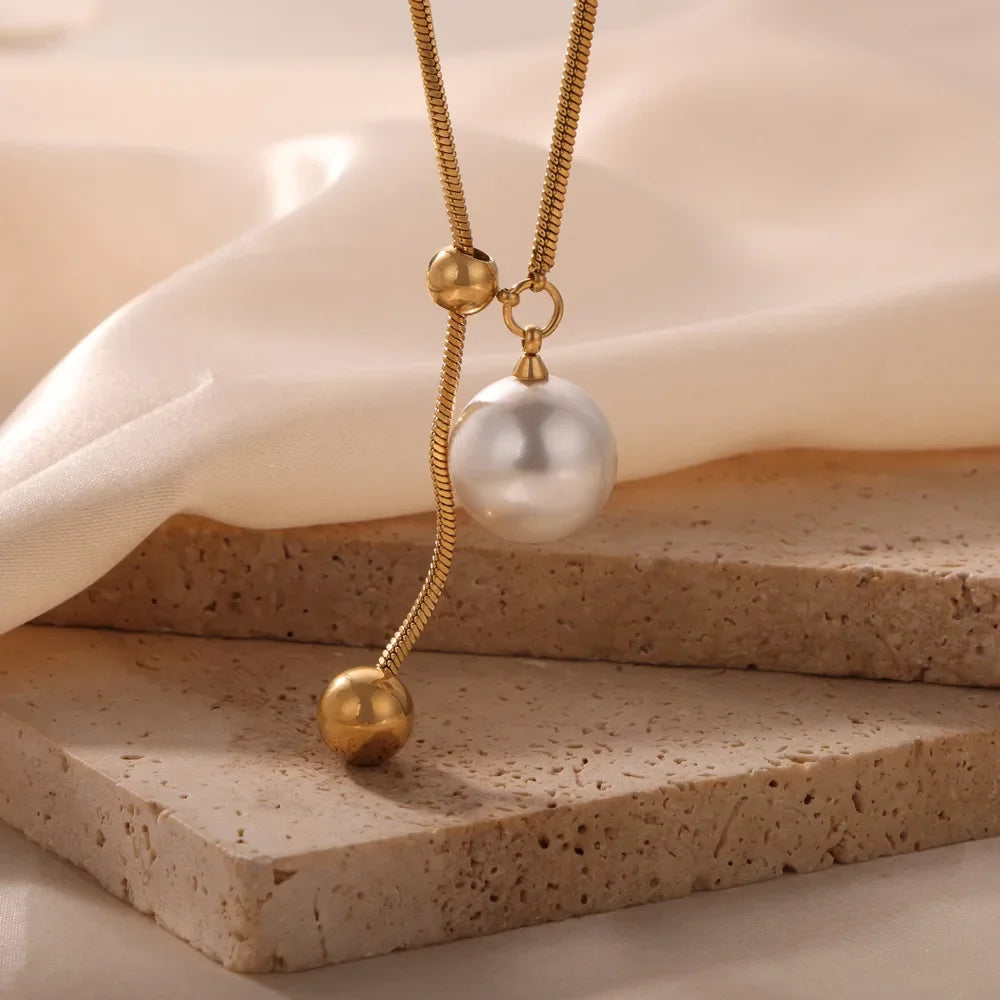 Minimalist Simulated Pearl Necklace Titanium Steel Adjustable Long Chain Necklace Female Party Wedding Dress Jewelry Girls Gifts