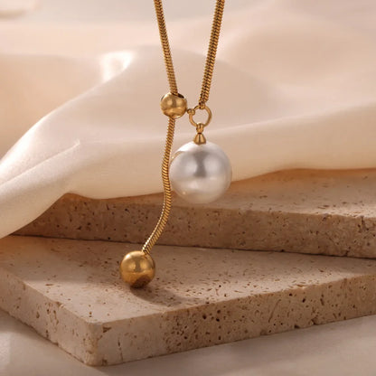 Minimalist Simulated Pearl Necklace Titanium Steel Adjustable Long Chain Necklace Female Party Wedding Dress Jewelry Girls Gifts