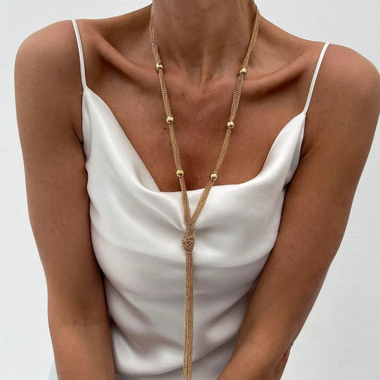 SHIXIN Elegant Knot Long Tassel Pendant Necklace for Women Sexy Gold Color Multilayer Necklace Sweater Chain Dress Neck Jewelry