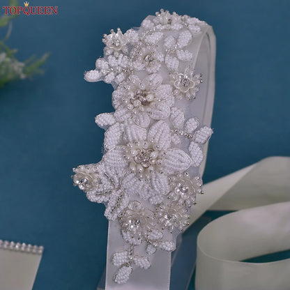TOPQUEEN Elegant Bridal Belt Pearl Beaded Flower Applique Accessories Wedding Belt Sash Luxury Dress Waist Decoration S484