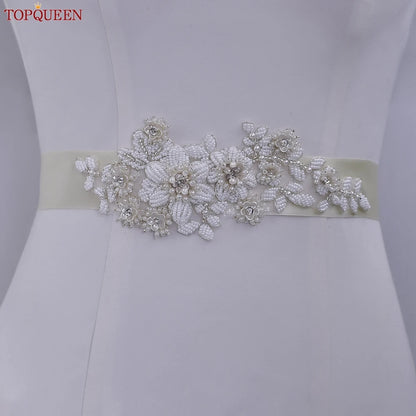 TOPQUEEN Elegant Bridal Belt Pearl Beaded Flower Applique Accessories Wedding Belt Sash Luxury Dress Waist Decoration S484