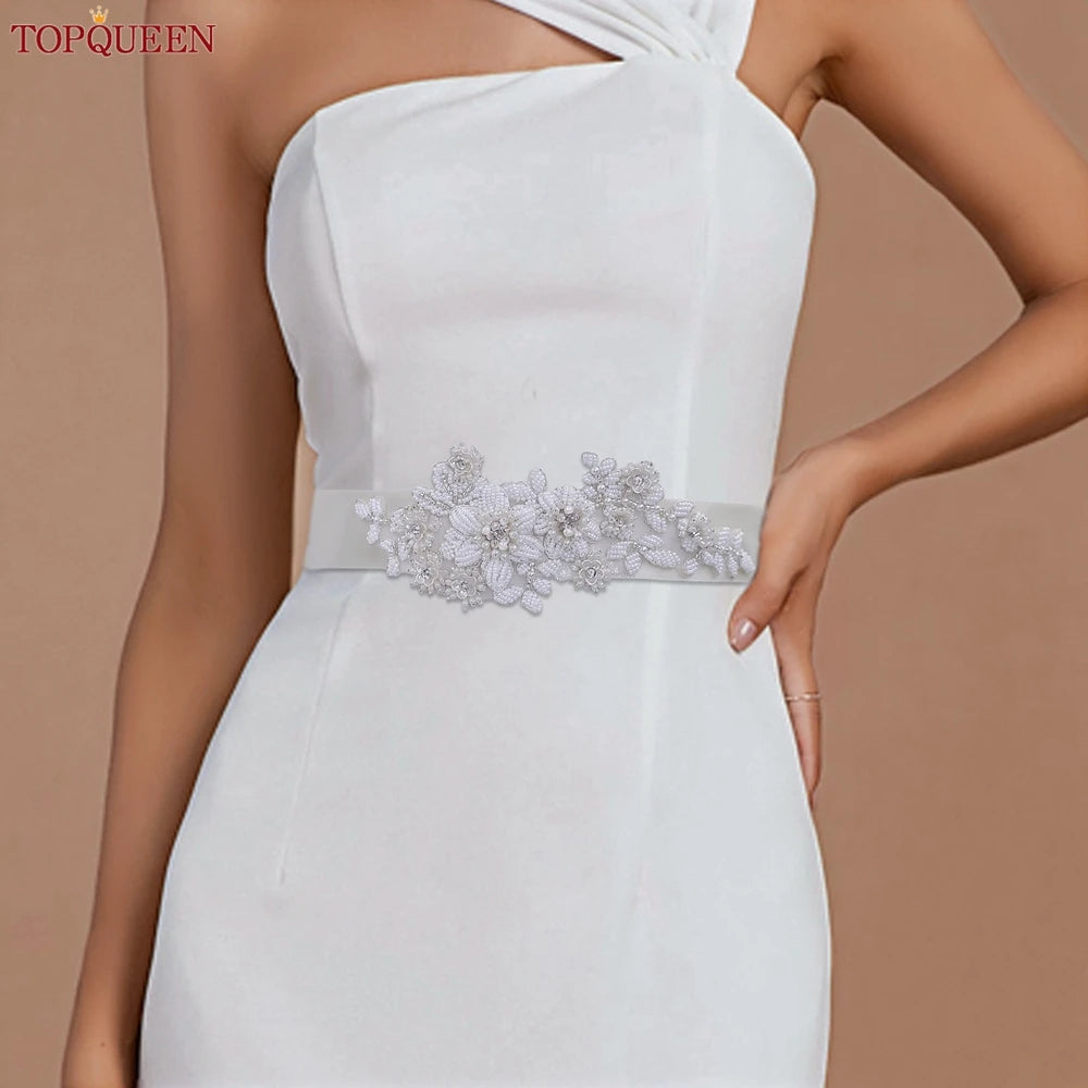TOPQUEEN Elegant Bridal Belt Pearl Beaded Flower Applique Accessories Wedding Belt Sash Luxury Dress Waist Decoration S484