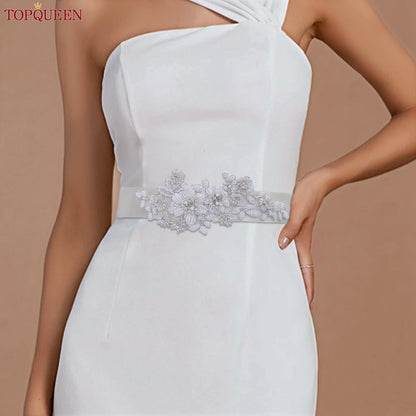 TOPQUEEN Elegant Bridal Belt Pearl Beaded Flower Applique Accessories Wedding Belt Sash Luxury Dress Waist Decoration S484