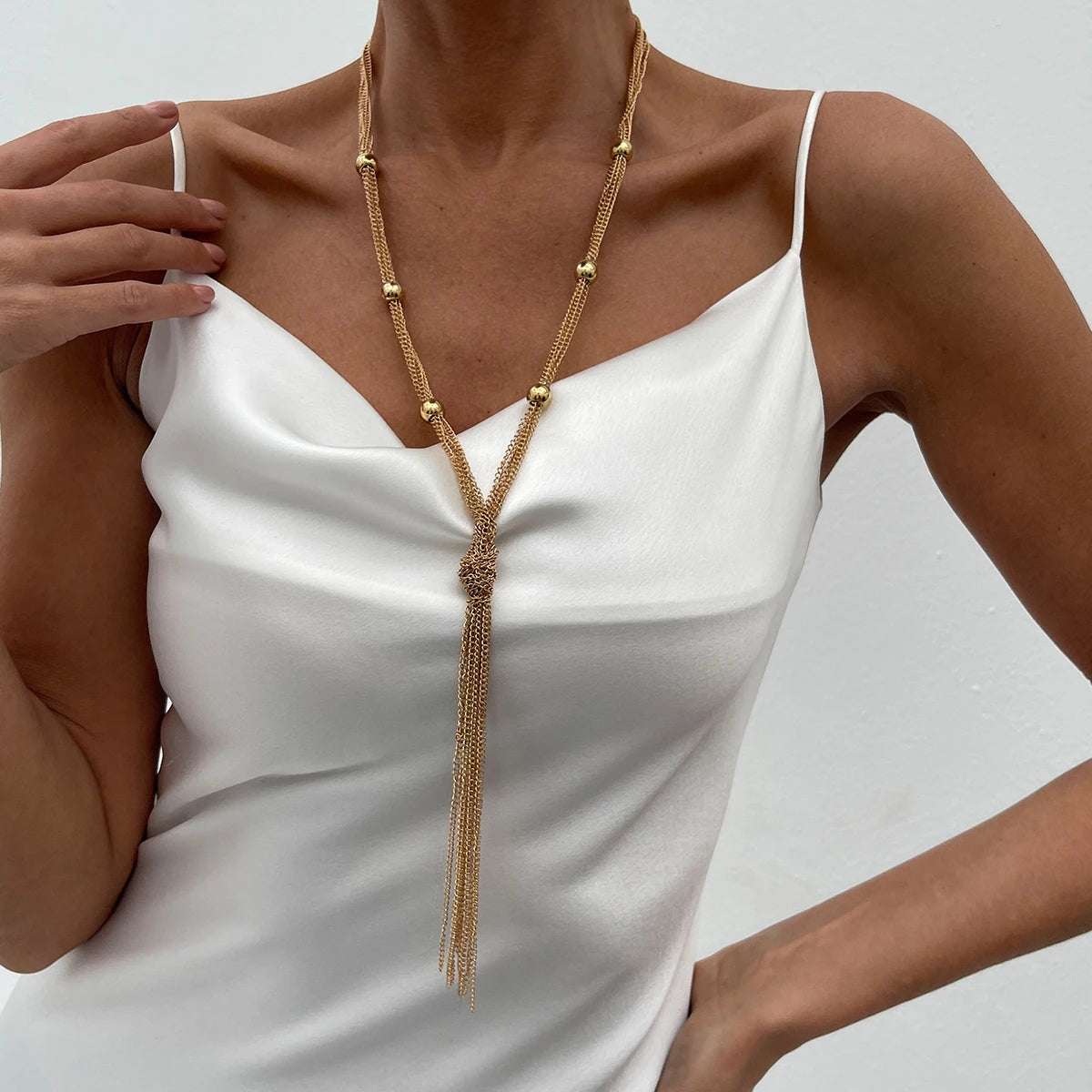 SHIXIN Elegant Knot Long Tassel Pendant Necklace for Women Sexy Gold Color Multilayer Necklace Sweater Chain Dress Neck Jewelry