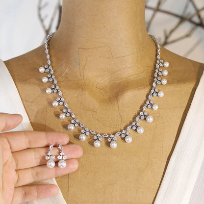 Gorgeous Cubic Zirconia Stone Pearl Choker Necklace Earring Jewelry Set for Women Bridal Satin Wedding Dress Accessories