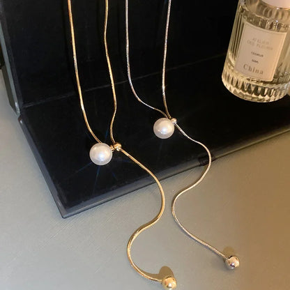 Minimalist Simulated Pearl Necklace Titanium Steel Adjustable Long Chain Necklace Female Party Wedding Dress Jewelry Girls Gifts