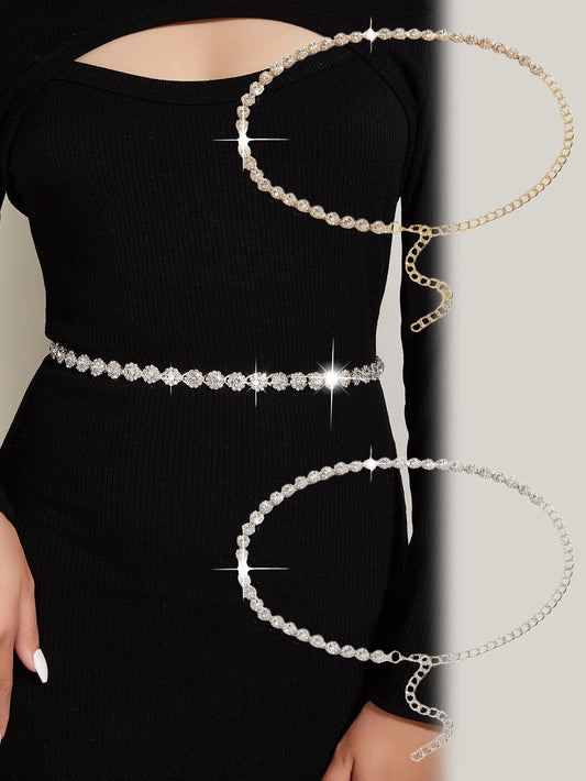 1 piece of women's Bling Bling shiny large grain rhinestones decorated solid color chain waist necklace Dress Accessories