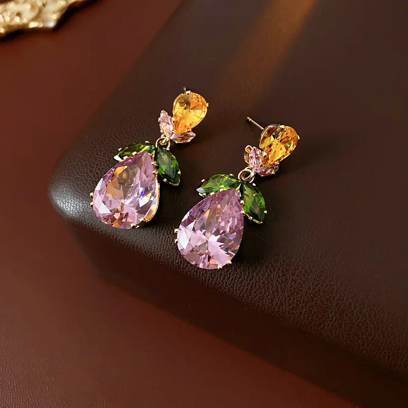 Colorful Zircon Flowers Water Drop Earrings Pendant Necklace Women's Charm Elegant Fashion Jewelry Set Accessories Party Dress