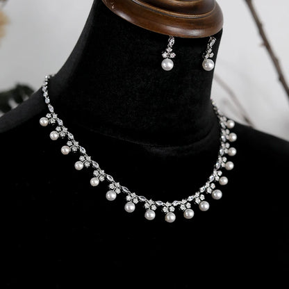 Gorgeous Cubic Zirconia Stone Pearl Choker Necklace Earring Jewelry Set for Women Bridal Satin Wedding Dress Accessories