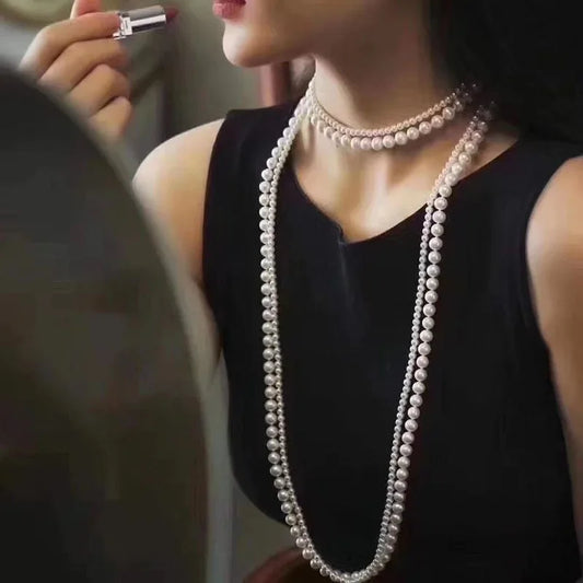 Luxury Double-layered Pearl Necklace Free Shipping 2025 Pearl Necklace for Women Fashionable Long Chain Dress Accessory