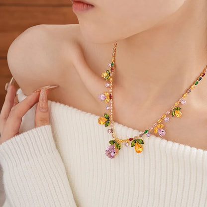 Colorful Zircon Flowers Water Drop Earrings Pendant Necklace Women's Charm Elegant Fashion Jewelry Set Accessories Party Dress