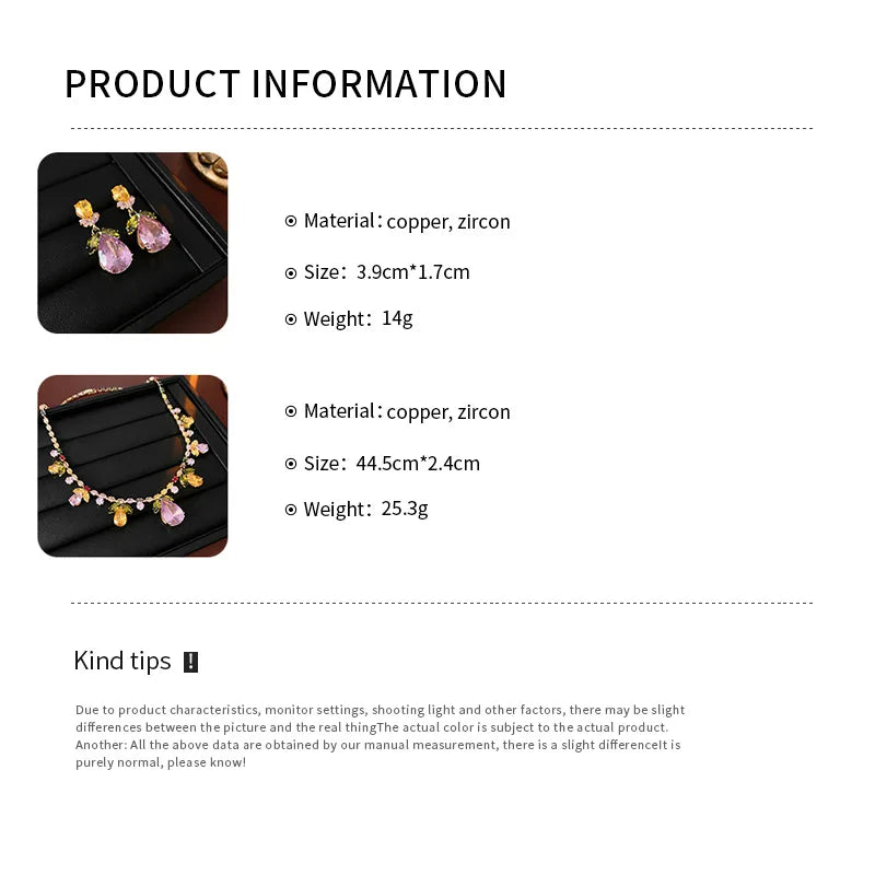 Colorful Zircon Flowers Water Drop Earrings Pendant Necklace Women's Charm Elegant Fashion Jewelry Set Accessories Party Dress