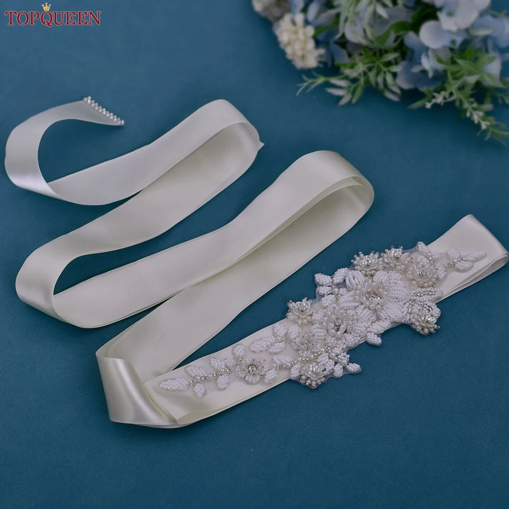 TOPQUEEN Elegant Bridal Belt Pearl Beaded Flower Applique Accessories Wedding Belt Sash Luxury Dress Waist Decoration S484