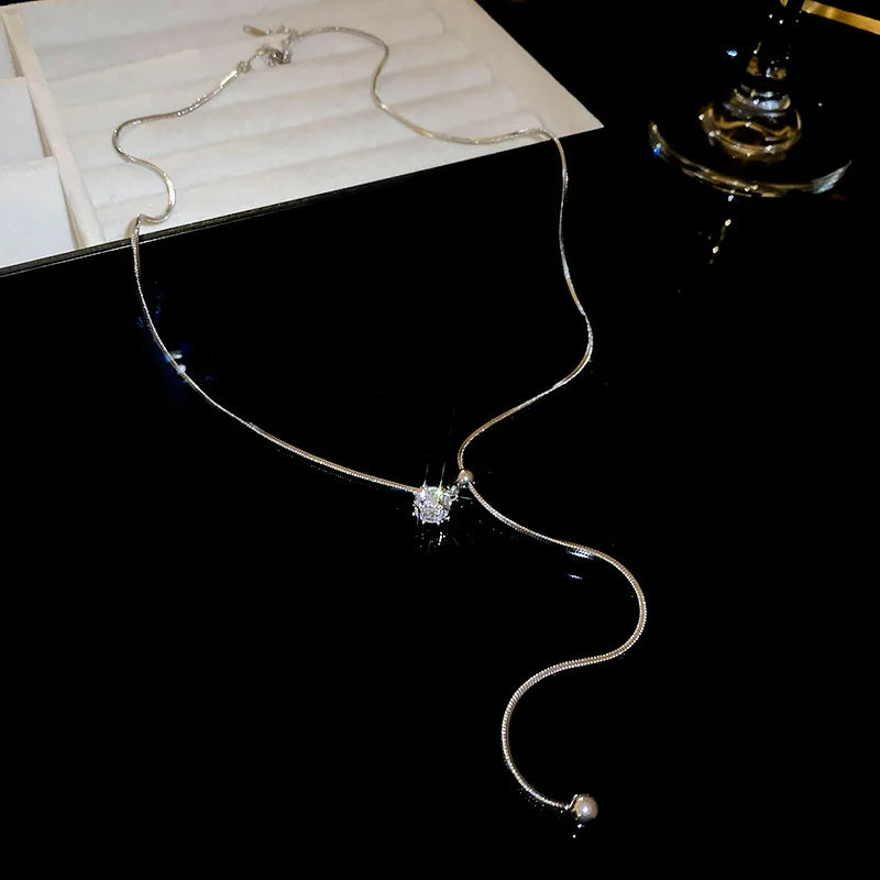 Minimalist Simulated Pearl Necklace Titanium Steel Adjustable Long Chain Necklace Female Party Wedding Dress Jewelry Girls Gifts