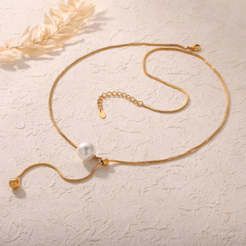 Minimalist Simulated Pearl Necklace Titanium Steel Adjustable Long Chain Necklace Female Party Wedding Dress Jewelry Girls Gifts